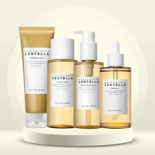 SKIN1004 Centella Cleansing Set featuring ampoule foam, toner, cleansing oil, and ampoule.