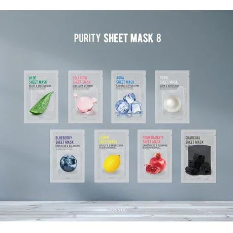Set of 8 Eunyul Purity Sheet Masks for various skin concerns including Aloe, Collagen and Charcoal.
